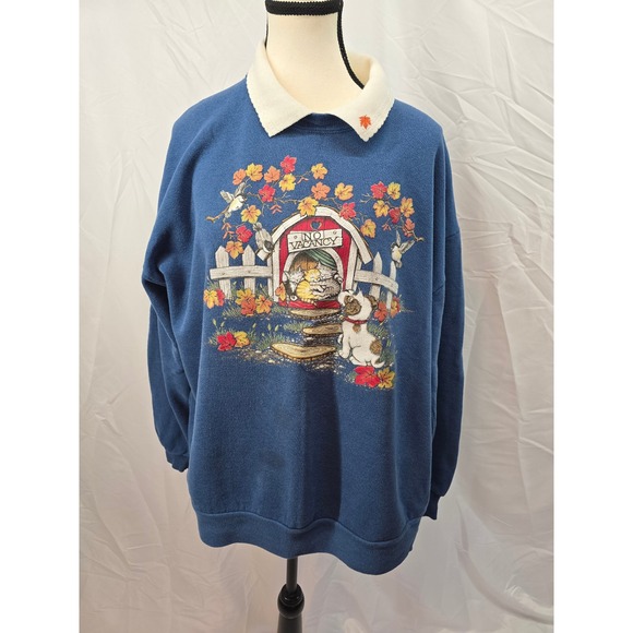 Tops - Vintage Blue Graphic Sweatshirt Womens XL Cute Cat Dog Autumn Fall Scene